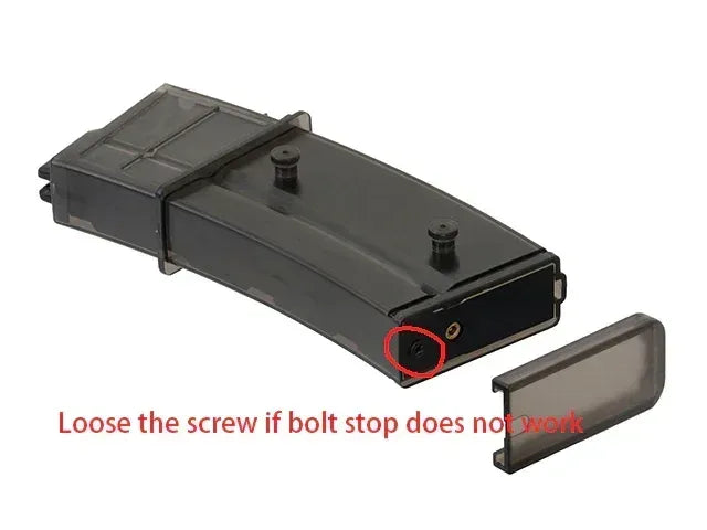 Close-up of ARMY ARMAMENT GBB R36C AIRSOFT magazine showing maintenance instructions and components