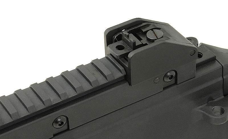 Close-up view of ARMY ARMAMENT GBB R36C AIRSOFT rear sight on a sleek black airsoft rifle