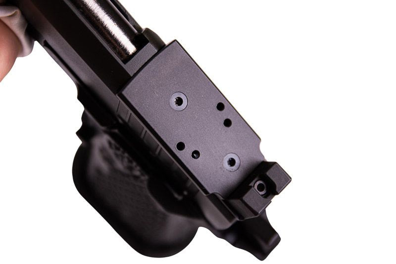 Close-up of ARMY ARMAMENT R611-3 STACCATO AIRSOFT with detailed metal frame and attachment points