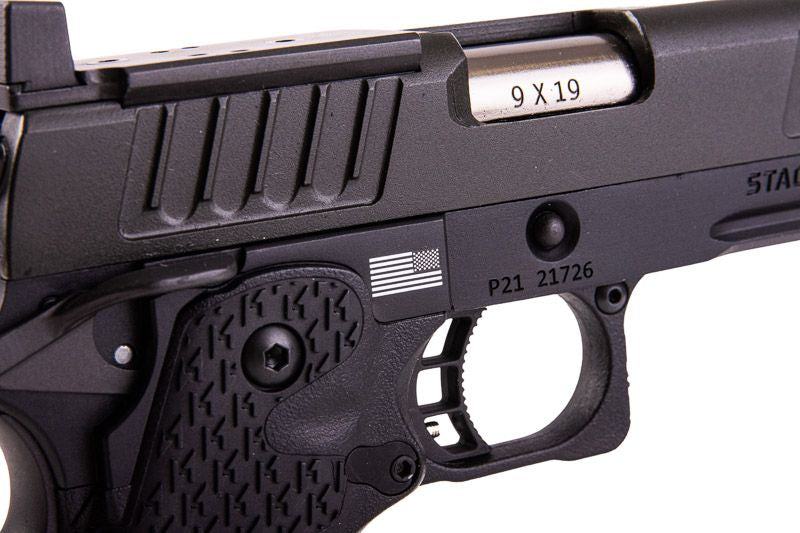 Close-up of ARMY ARMAMENT R611-3 STACCATO AIRSOFT pistol showing details and grip texture