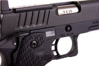 Close-up of ARMY ARMAMENT R611-3 STACCATO AIRSOFT pistol showing details and grip texture