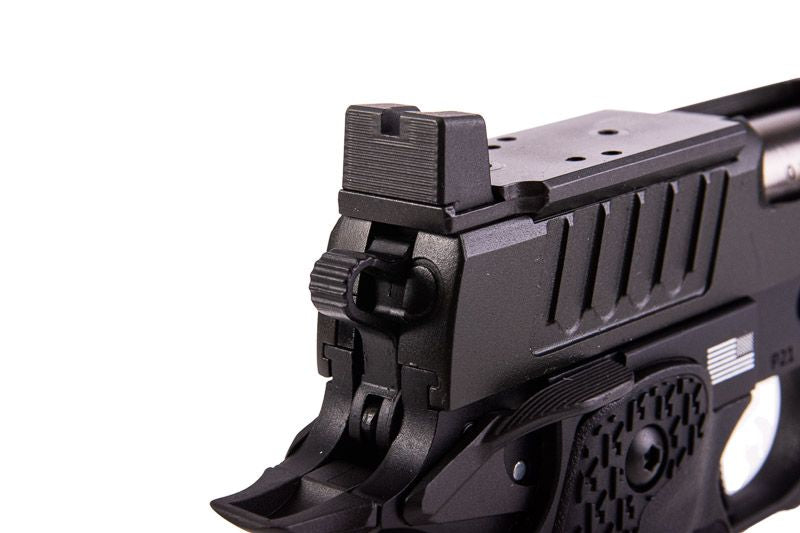 Close-up of the ARMY ARMAMENT R611-3 STACCATO AIRSOFT with detailed slide and rear sight features