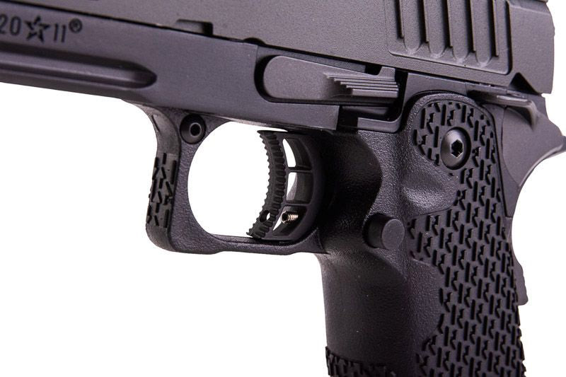 Close-up of the ARMY ARMAMENT R611-3 STACCATO AIRSOFT pistol featuring textured grip and trigger