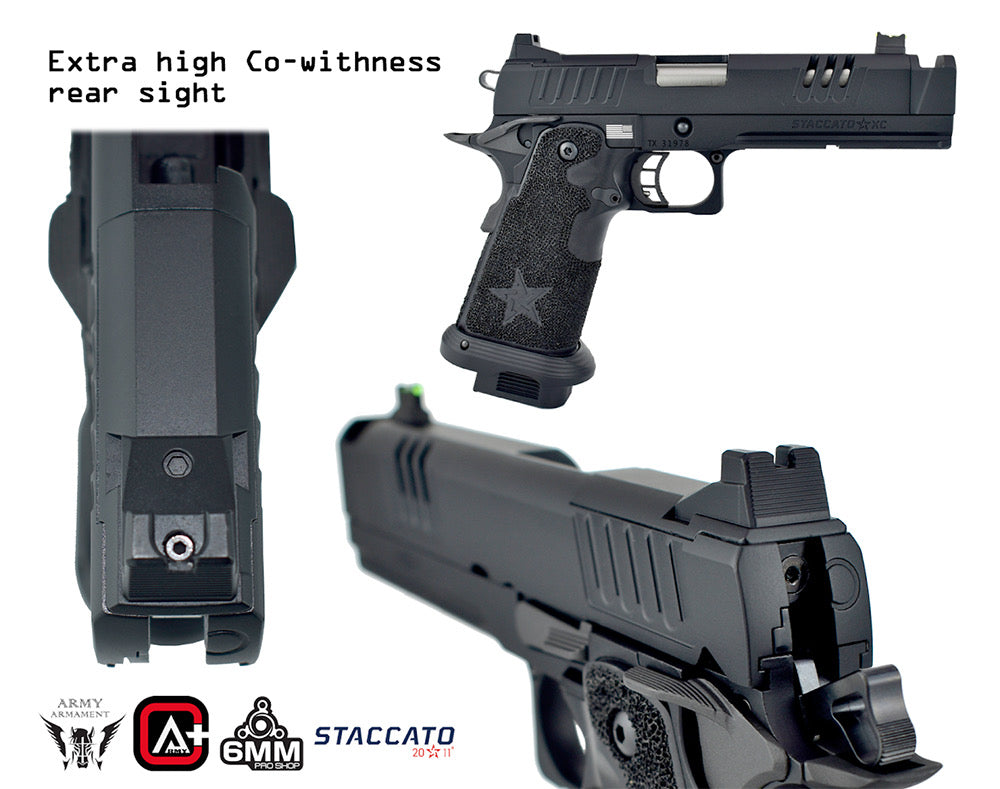 Close-up of ARMY ARMAMENT R618A STACCATO AIRSOFT with extra high co-witness rear sight and textured grip
