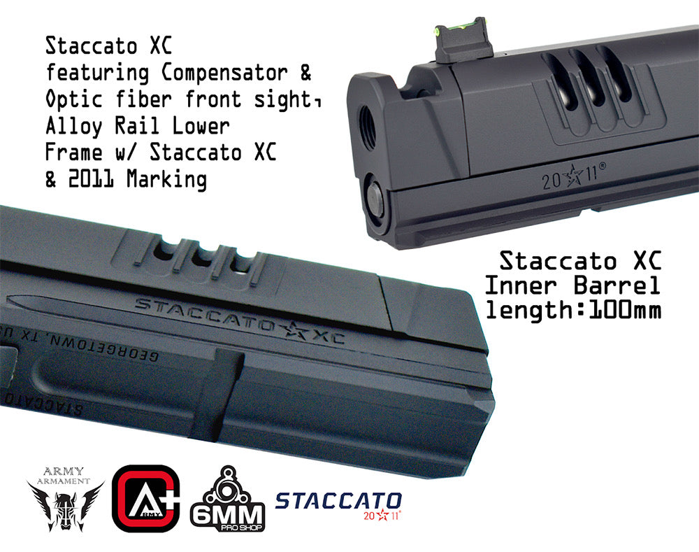 Close-up of ARMY ARMAMENT R618A STACCATO AIRSOFT featuring a compensator and alloy rail lower