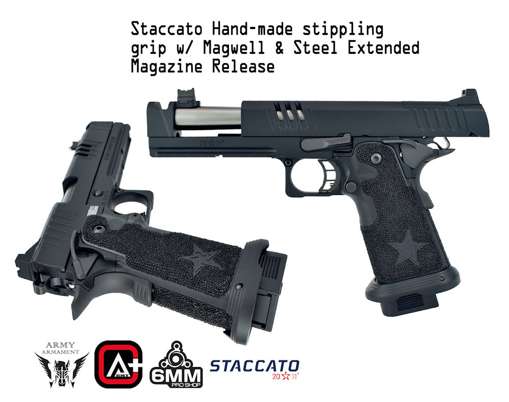 ARMY ARMAMENT R618A STACCATO Airsoft Pistol with stippling grip, magwell, and steel extended magazine release