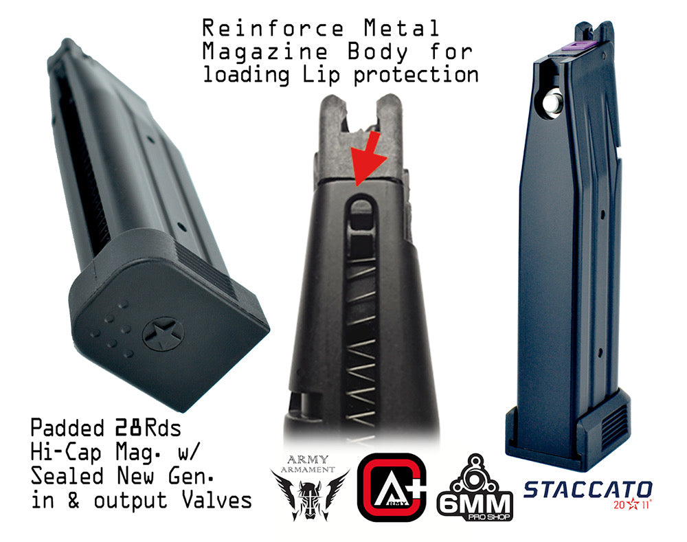 Detailed view of ARMY ARMAMENT R618A STACCATO airsoft magazine with loading features and protection design