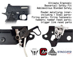 Close-up of ARMY ARMAMENT R618A STACCATO AIRSOFT internal mechanism showcasing ergonomic design and safety features