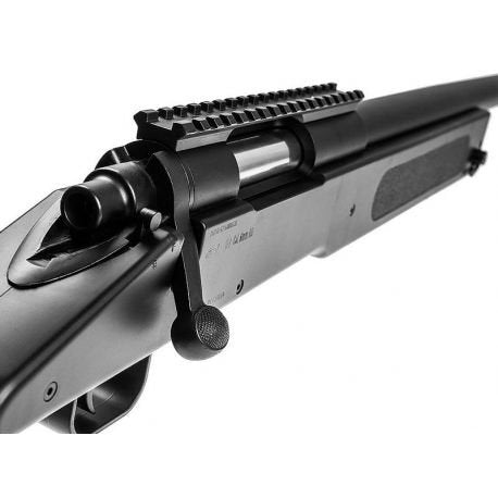 Close-up view of ASG M40 airsoft sniper rifle showing bolt action and rail mount