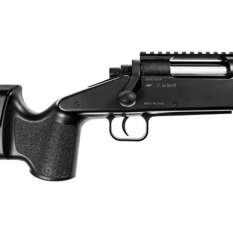 Close-up view of ASG M40 airsoft sniper rifle black stock and trigger area