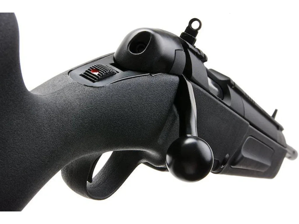 Close-up view of ASG STEYR SCOUT AIRSOFT showing the textured grip and bolt action features