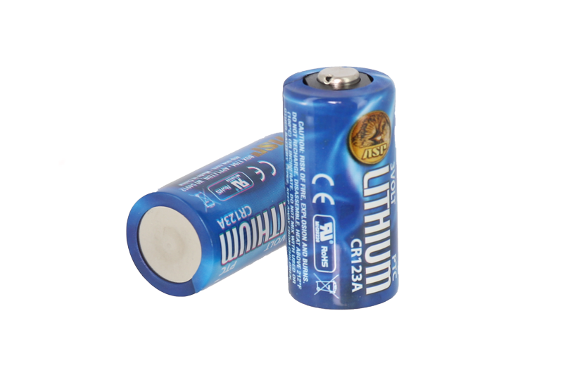 asp CR123A lithium batteries for airsoft showing two blue cylindrical batteries with metal terminals
