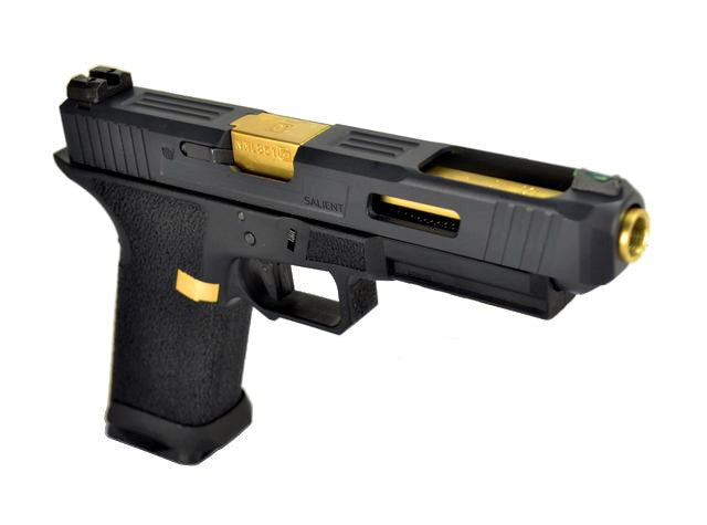 Salient AW SAI GBB Gas Blowback Pistol with a sleek design and gold accent features