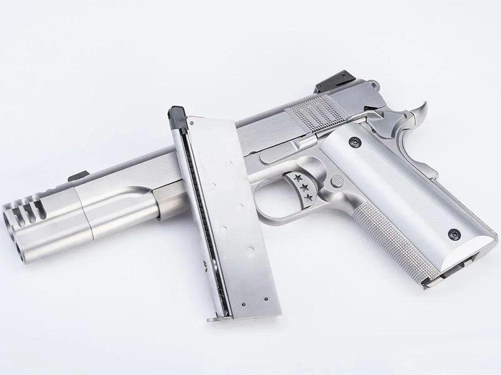 AWCUSTOM NE31 HITMAN 1911 pistol with chrome finish and extended magazine for tactical enthusiasts