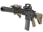 E&C airsoft rifle with a barrel extension airsoft, featuring tactical accessories and adjustable stock.