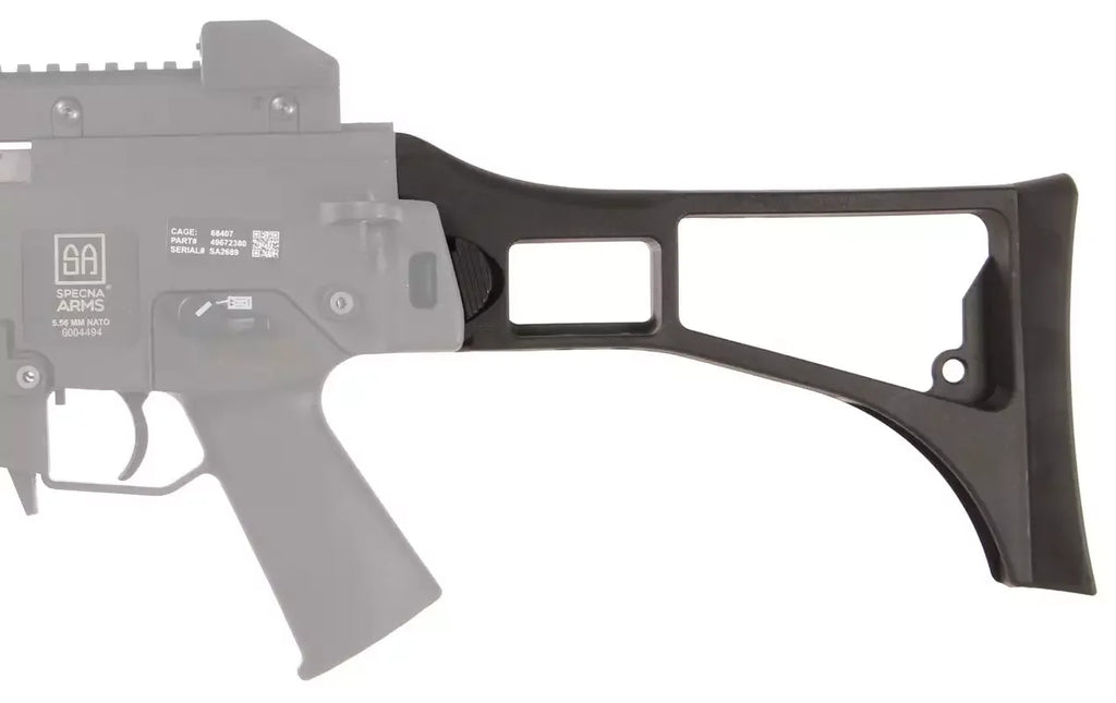 Black stock used for airsoft guns, designed for enhanced stability and control in gameplay