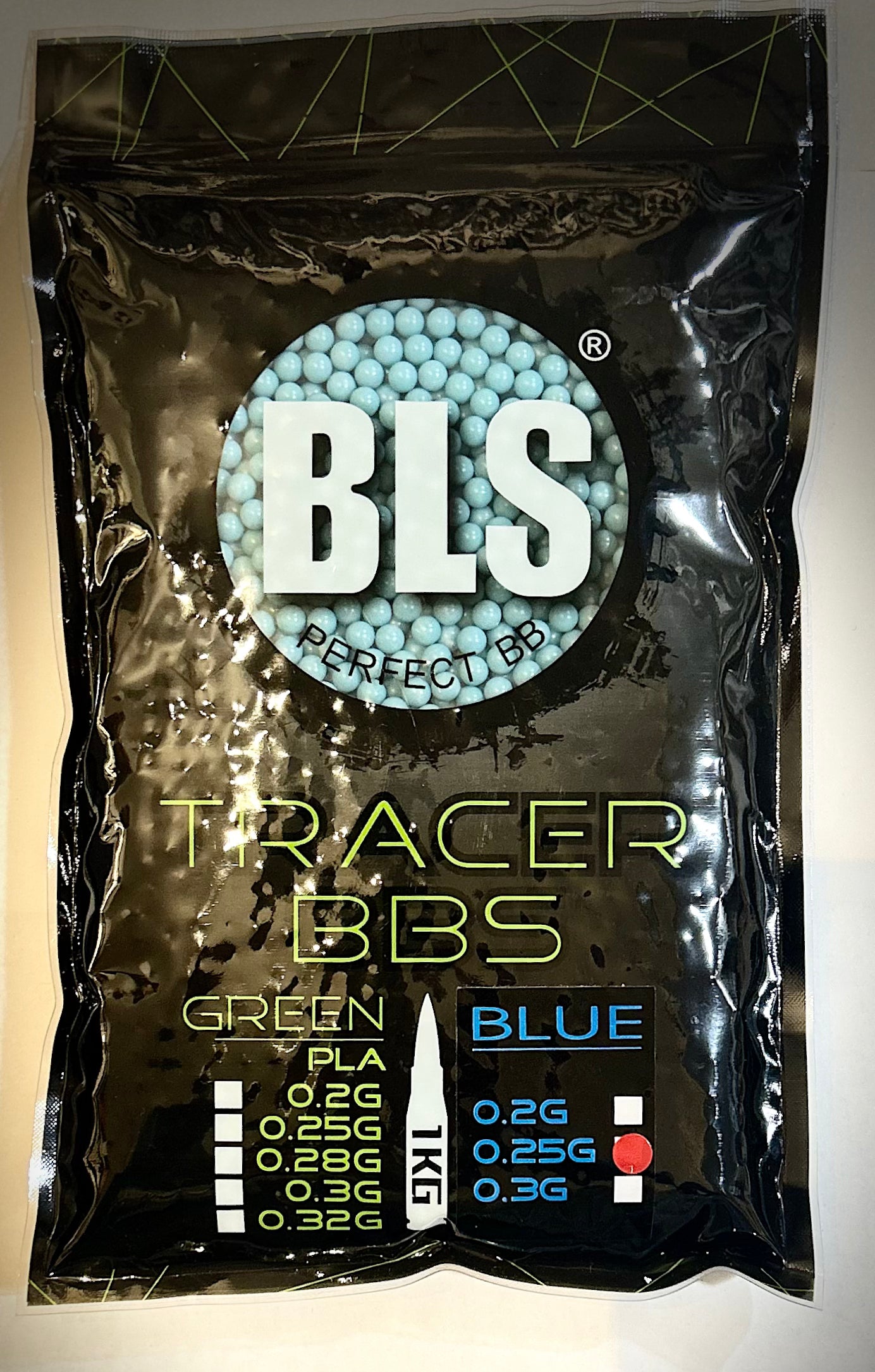 BLS Blue Tracer BBs 1kg bag featuring various weights for airsoft enthusiasts