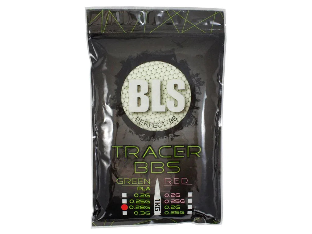 BLS TRACER AIRSOFT BBs in a resealable bag, available in green and red for optimal visibility during games