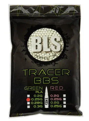 BLS Tracer BBs in a 1kg bag with green and red options for airsoft enthusiasts