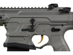 AEG COBALT KINETIC gray lower receiver close up showing gold trigger and ambidextrous safety