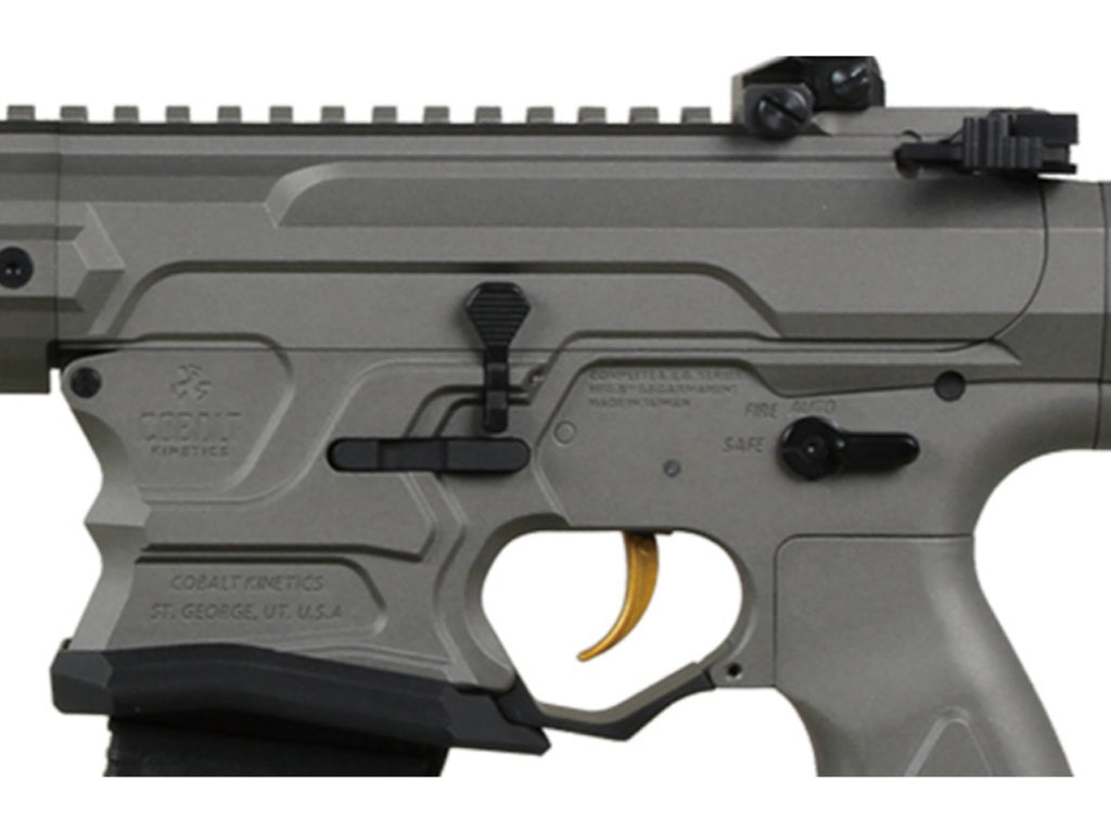AEG COBALT KINETIC gray lower receiver close up showing gold trigger and ambidextrous safety