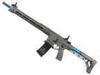G and G AEG COBALT KINETIC gray tactical airsoft rifle with blue accents long MLOK handguard and adjustable stock
