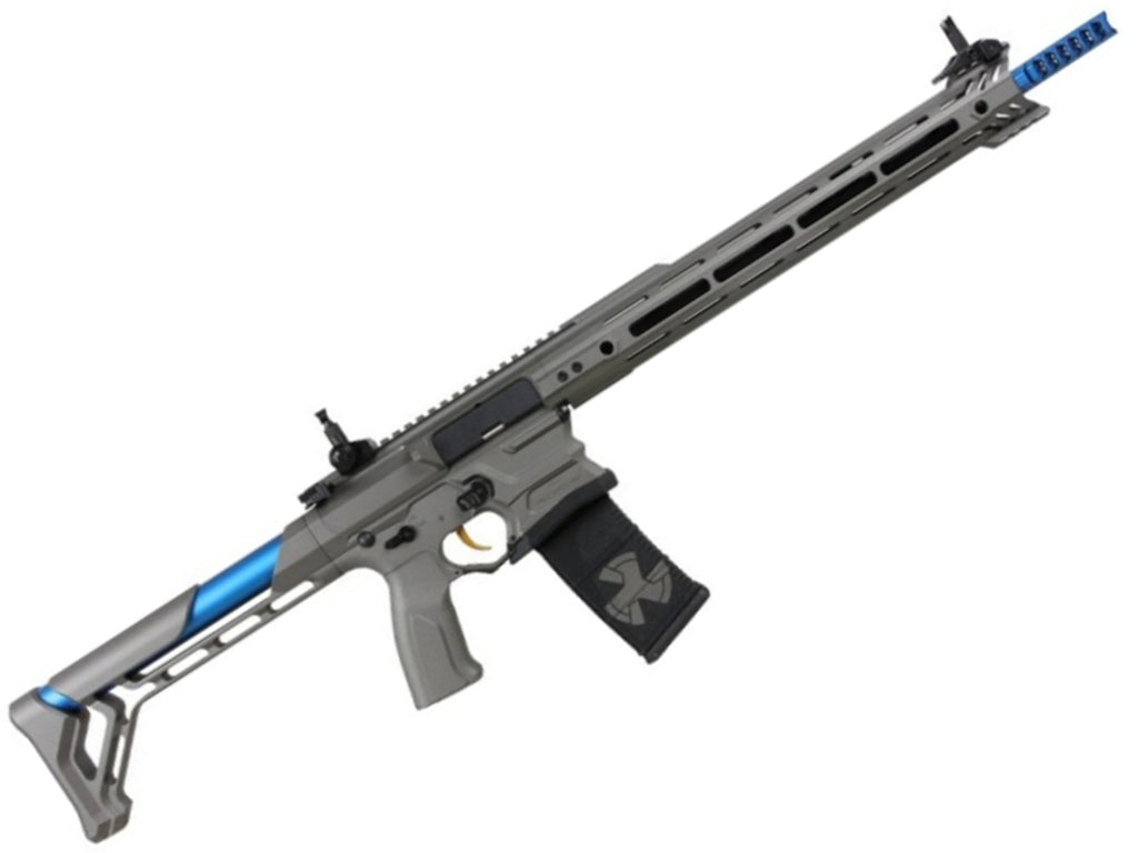 G and G COBALT KINETIC AEG gray long rail airsoft rifle with blue accents adjustable stock and magazine