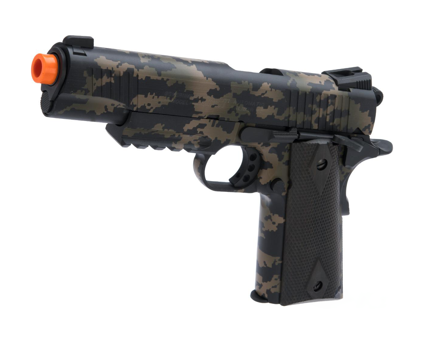 CYBERGUN 1911 CERAKOTE C02 GBB AIRSOFT pistol in digital camo pattern with orange tip and textured grip
