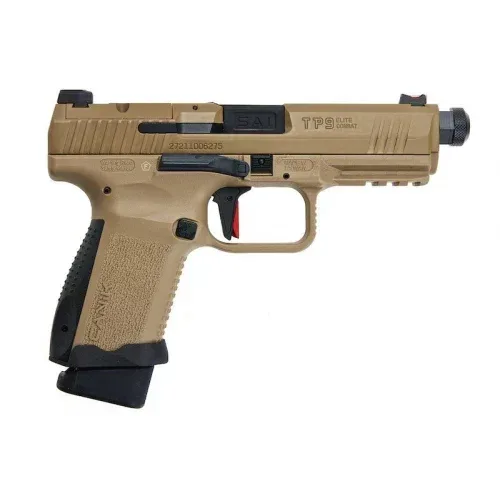 CYBERGUN CANiK TP9 ELITE Compact Airsoft Pistol in Tan with Extended Magazine and Threaded Barrel