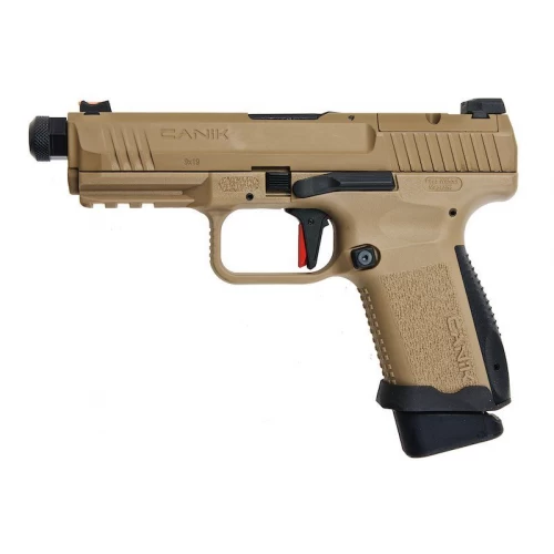 CYBERGUN CANIK TP9 TAN GBB AIRSOFT pistol in tan color with threaded barrel and textured grip