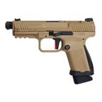 CYBERGUN CANIK TP9 TAN GBB AIRSOFT pistol in tan color with threaded barrel and textured grip