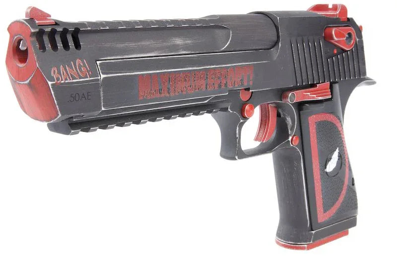 CYBERGUN DESERT EAGLE DEADPOOL GBB AIRSOFT with red and black design and expressive graphics.