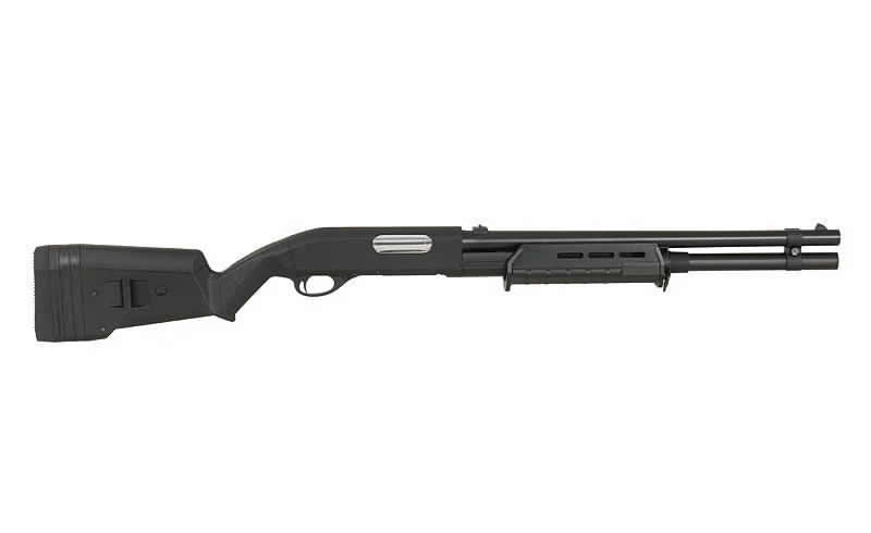 CYMA CM 355 LM airsoft shotgun black pump action synthetic stock with long barrel and forend grip