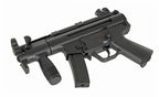 CYMA MP5K airsoft gun AEG replica in matte black compact design with vertical foregrip and curved magazine