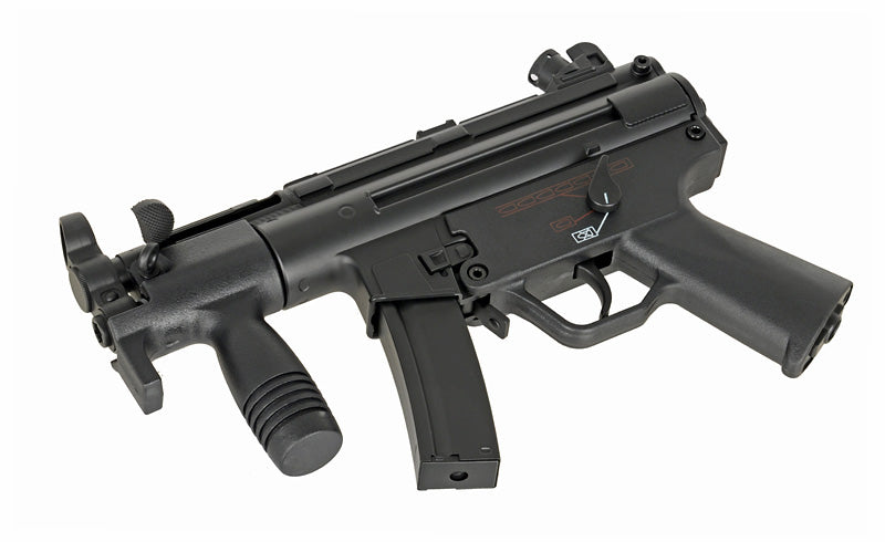 CYMA MP5K airsoft gun AEG replica in matte black compact design with vertical foregrip and curved magazine