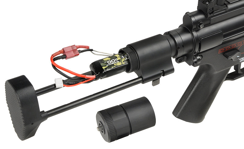 CYMA Platinum MPA PDW airsoft gun showing collapsed PDW stock and exposed battery wiring