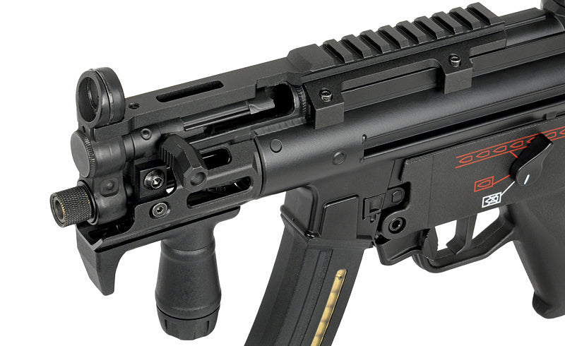 CYMA Platinum MPA PDW airsoft gun close up of black AEG upper receiver rail front sight magazine and vertical grip