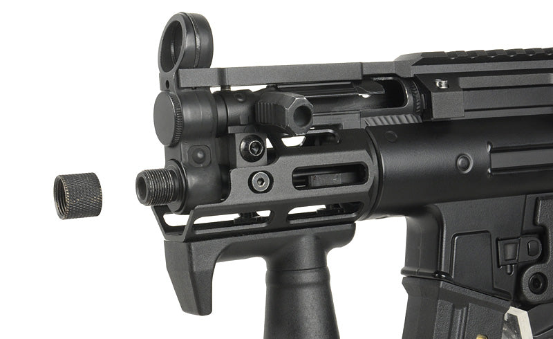 Close up of black CYMA Platinum MPA PDW airsoft gun front end with vertical foregrip threaded muzzle cap removed