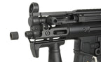 Close up of black CYMA Platinum MPA PDW airsoft gun front end with vertical foregrip threaded muzzle cap removed
