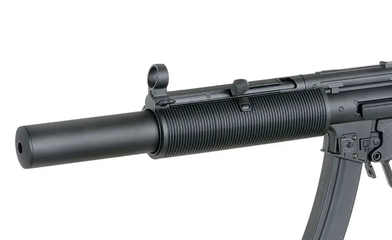 Close-up of the barrel and front handguard on a cyma mp5 AEG AIRSOFT gun in black finish