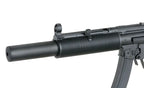 Close-up of the barrel and front handguard on a cyma mp5 AEG AIRSOFT gun in black finish