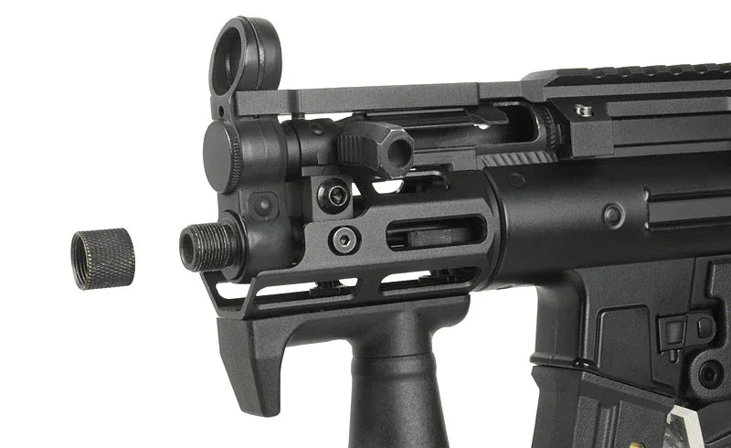 Close-up of the CYMA PLATINUM MP5 PDW with adjustable stock and detachable components for customization
