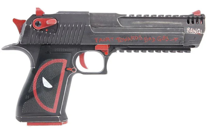 Cybergun Deadpool airsoft pistol featuring detailed red and black design with adjustable sights