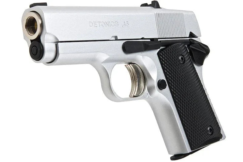 Army Armament Detonics A6 airsoft pistol in silver with textured grip and tactical features