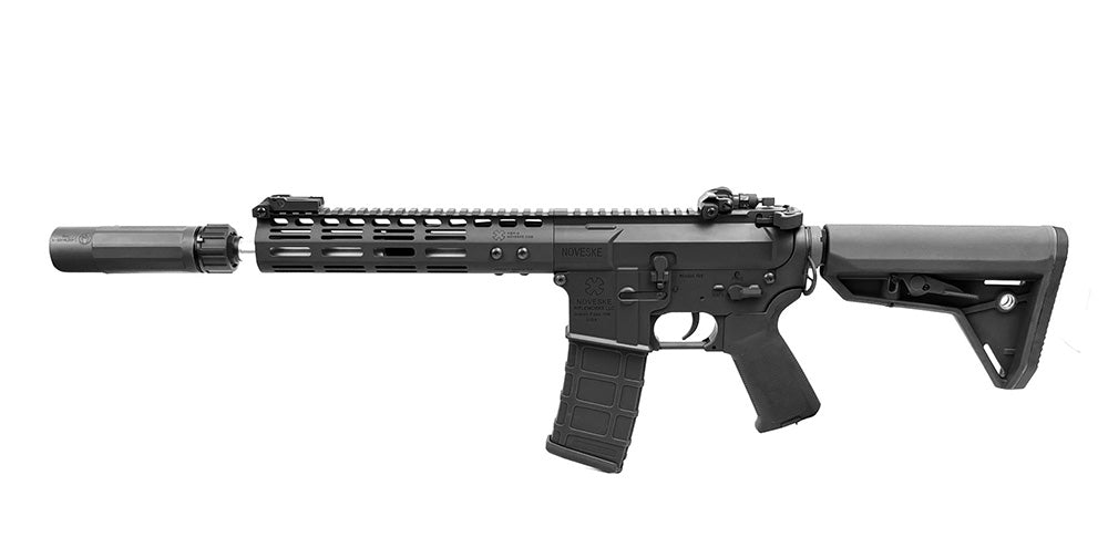 E&C devgru aeg airsoft rifle in black with suppressor and adjustable stock for tactical use