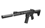 Black E&C devgru aeg airsoft rifle with suppressor and adjustable stock for realistic gameplay