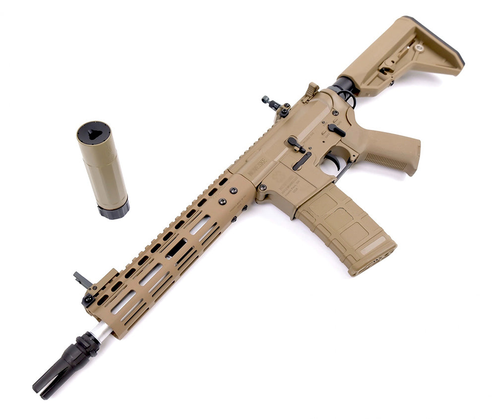 E&C tan devgru aeg airsoft rifle with detachable suppressor and adjustable stock