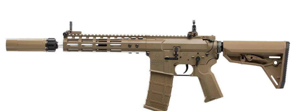 E&C devgru aeg airsoft rifle in tan color with adjustable stock and suppressor attachment
