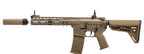 E&C devgru aeg airsoft rifle in tan color with adjustable stock and suppressor attachment