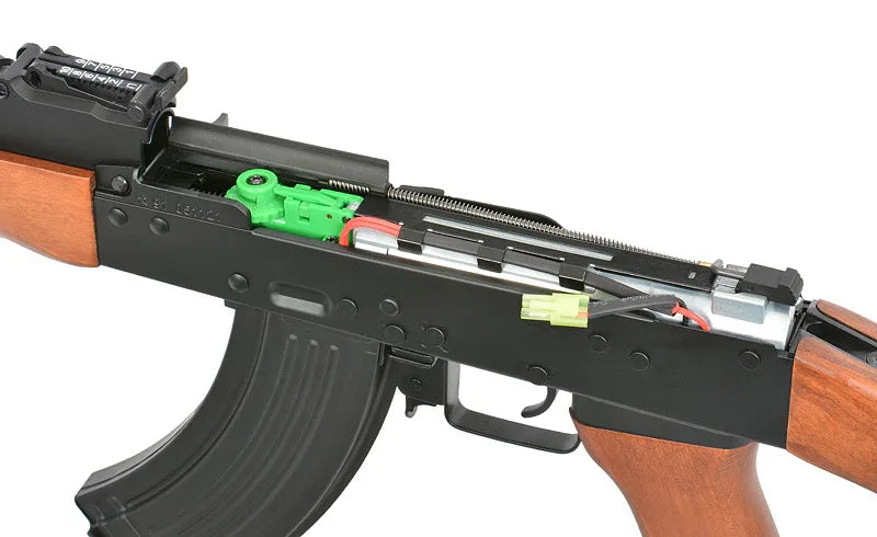 Detailed view of DOUBLE BELL AK TYPE 56 AEG AIRSOFT with internal components and gear system